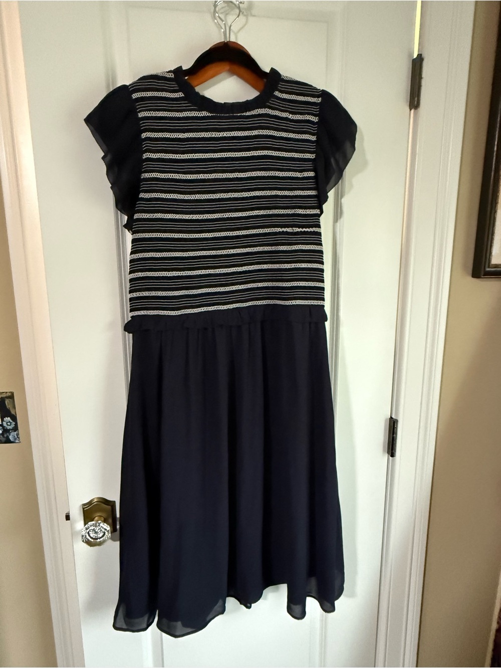 Ann Taylor Navy and White Striped Knit Bodice Dress